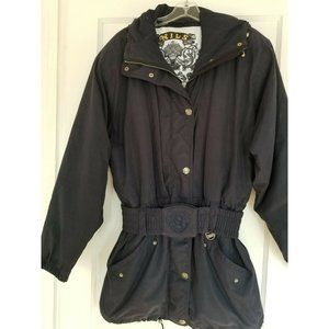 Vtg 80's NILS Black Ski Jacket Coat USA Made LARGE, Hood, Soft fabric, belt, Zip